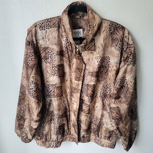 Vintage Cervelle 100% Silk Animal Print Windbreaker Track Jacket, Medium, Brown